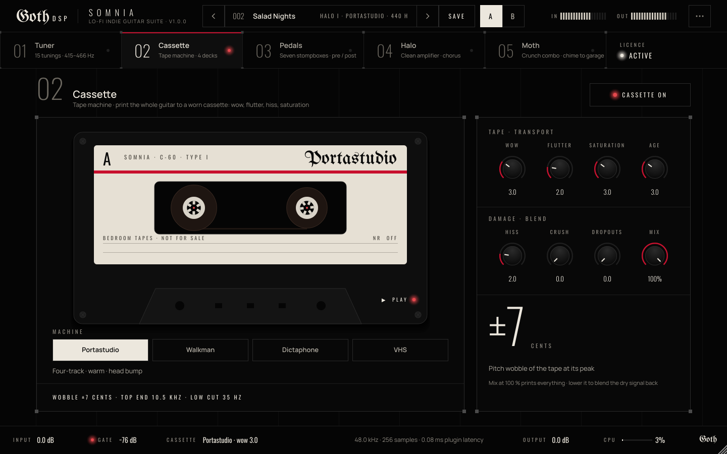 Somnia : Cassette, l'effet K7 avec wow, flutter, souffle et saturation de bande