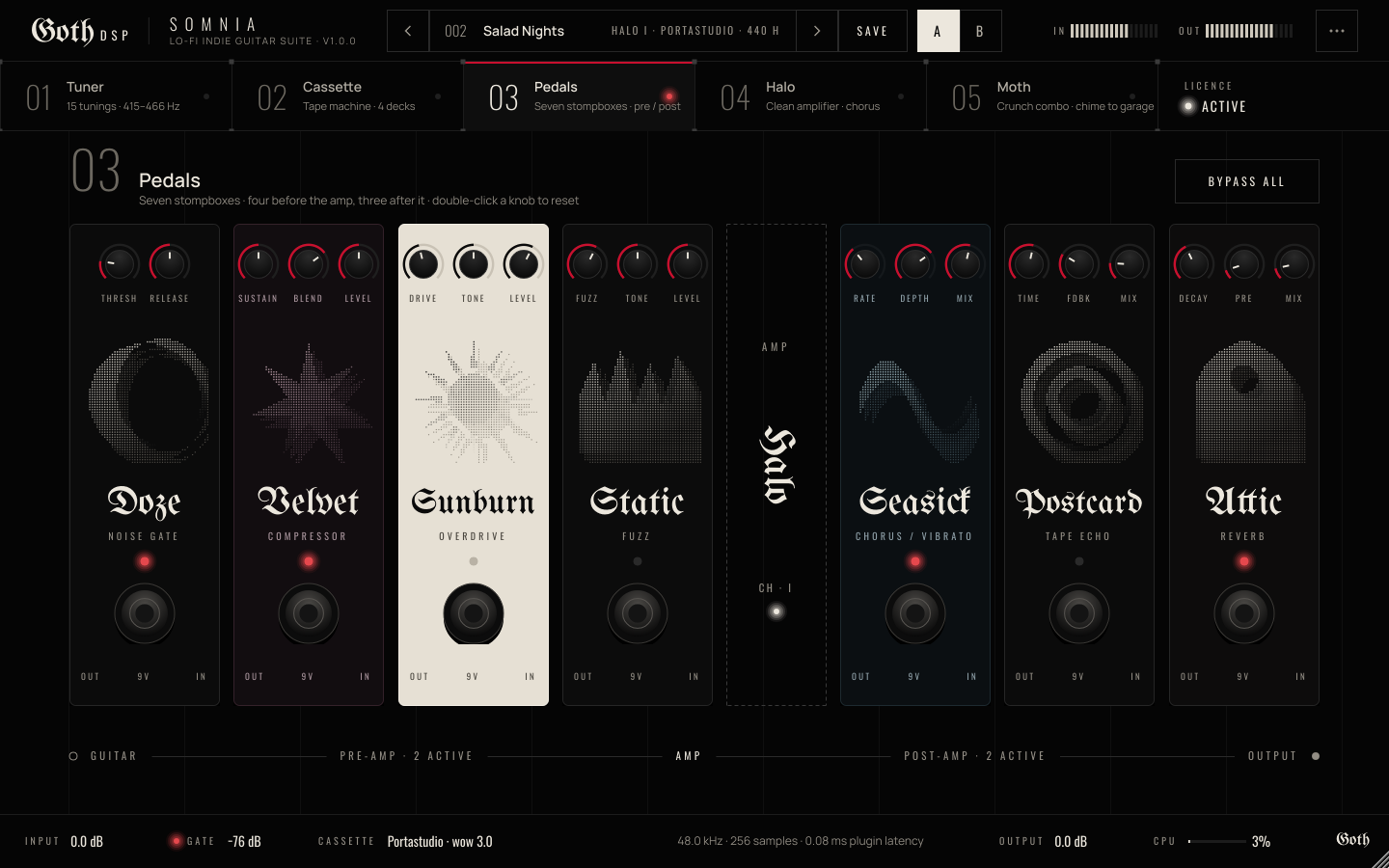 Somnia : le pédalier Doze, Velvet, Sunburn, Static, Seasick, Postcard et Attic